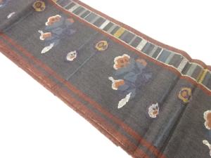 手織り真綿紬花模様織出し袋帯